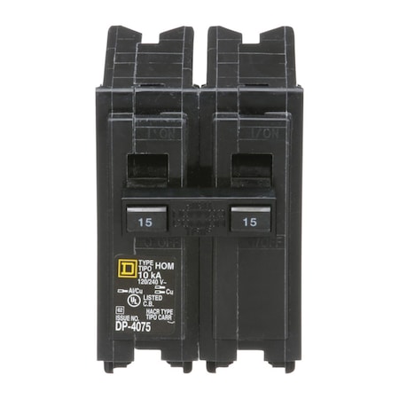 Square D Miniature Circuit Breaker, HOM Series, 15A, 2 Pole, 120/240V AC, 10kA HOM215CP